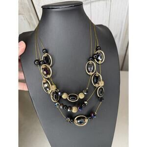 JULES B. Multi Strand Black Beaded Necklace Signed Designer Estate Gold Tone